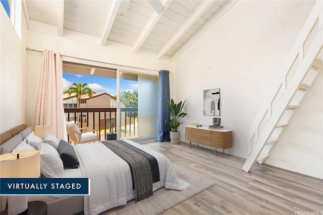 95-046 Hokuiwa St Unit 12, Mililani, HI 96789 - bedroom with access to exterior, wood finished floors, high vaulted ceiling, and a wood ceiling with exposed beams