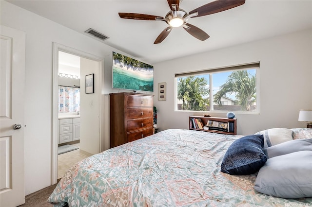 91-1059 Keoneula Blvd Unit F3, Ewa Beach, HI 96706 - bedroom featuring connected bathroom, carpet floors, a ceiling fan, and visible vents