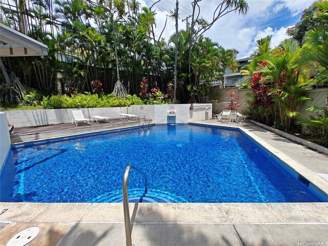 view of swimming pool featuring a fenced backyard and a patio