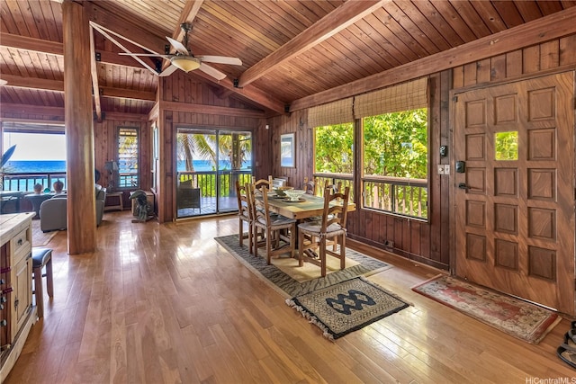 84-215 Makau St, Waianae, HI 96792 - dining space featuring wooden walls, wooden ceiling, hardwood / wood-style floors, healthy amount of natural light, and a ceiling fan