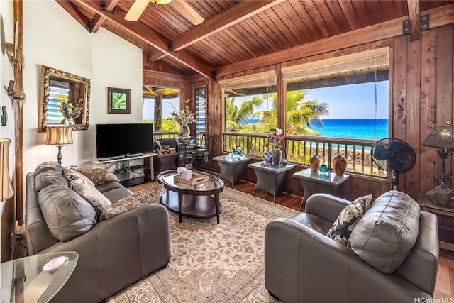 84-215 Makau St, Waianae, HI 96792 - living area featuring wooden ceiling, beam ceiling, wood finished floors, and wood walls