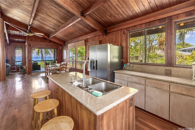 84-215 Makau St, Waianae, HI 96792 - kitchen featuring stainless steel refrigerator with ice dispenser, a sink, wooden walls, wood ceiling, and dark wood-style flooring