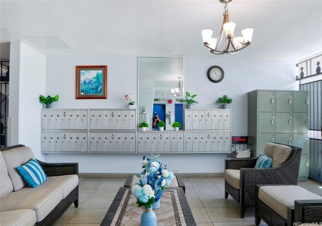 living room featuring a notable chandelier, tile patterned flooring, and mail area