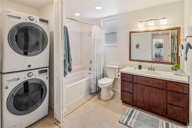 92-1200 Uahanai St, Kapolei, HI 96707 - full bath with estacked washer and dryer, shower / bathtub combination with curtain, tile patterned floors, toilet, and vanity