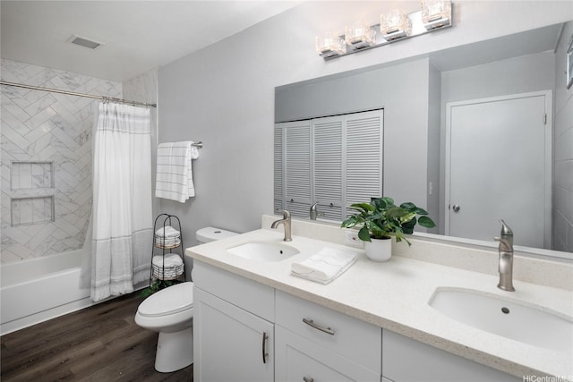 94-313 Ulukoa St, Mililani, HI 96789 - full bath with toilet, double vanity, wood finished floors, and shower / bath combination with curtain