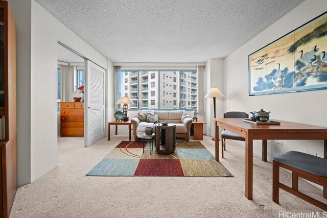 1314 Kalakaua Ave Unit 906, Honolulu, HI 96826 - carpeted living room featuring a textured ceiling
