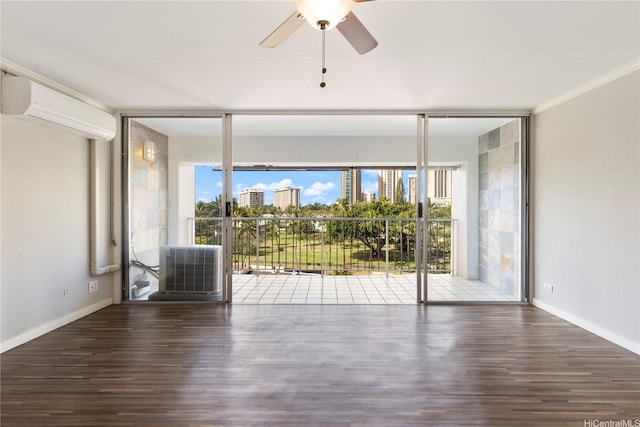 430 Keoniana St Unit 204, Honolulu, HI 96815 - unfurnished living room featuring baseboards, floor to ceiling windows, an AC wall unit, a ceiling fan, and wood finished floors