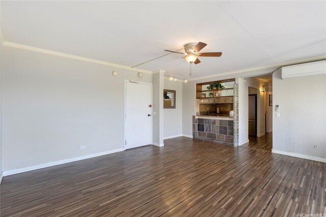 430 Keoniana St Unit 204, Honolulu, HI 96815 - unfurnished living room featuring dark wood-type flooring, baseboards, a ceiling fan, and ornamental molding
