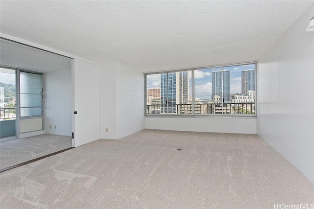 carpeted empty room featuring a textured ceiling and a city view