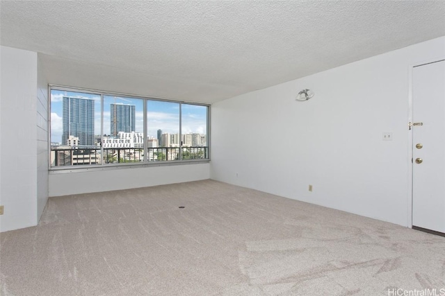 carpeted spare room featuring a city view and a textured ceiling