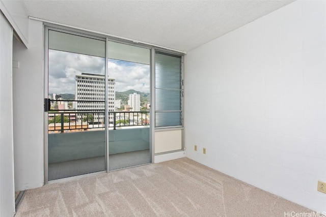 unfurnished room with carpet floors, a textured ceiling, a view of city, and expansive windows