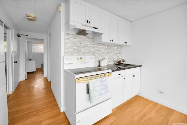 2211 Ala Wai Blvd Unit 1106, Honolulu, HI 96815 - kitchen featuring white range with electric cooktop, under cabinet range hood, a sink, a textured ceiling, and light wood-style floors