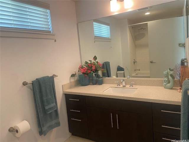 full bath with tile patterned floors, toilet, shower / washtub combination, vanity, and visible vents