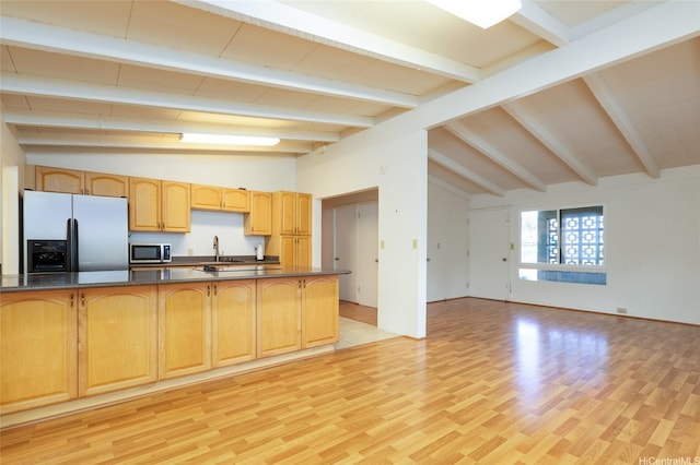 99-611 Alia Pl, Aiea, HI 96701 - kitchen with light wood-style floors, lofted ceiling with beams, fridge with ice dispenser, stainless steel microwave, and dark countertops