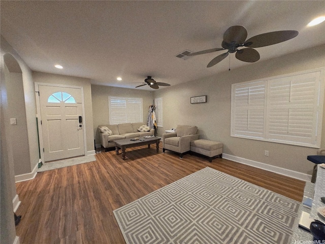 91-1153 Kaileonui St, Ewa Beach, HI 96706 - living room featuring arched walkways, ceiling fan, wood finished floors, baseboards, and recessed lighting