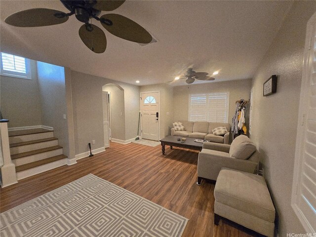 91-1153 Kaileonui St, Ewa Beach, HI 96706 - living room with a ceiling fan, arched walkways, wood finished floors, baseboards, and recessed lighting