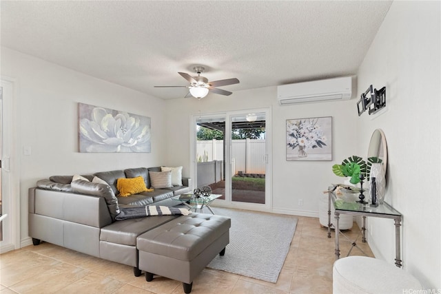 94-1041 Puana St, Waipahu, HI 96797 - living room with a wall mounted air conditioner, ceiling fan, light tile patterned floors, and a textured ceiling