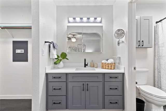 94-1041 Puana St, Waipahu, HI 96797 - bathroom with vanity, electric panel, toilet, a ceiling fan, and a shower with curtain