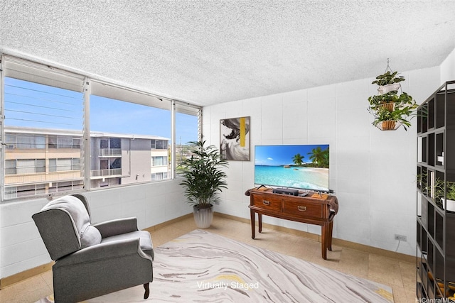 sitting room with a textured ceiling