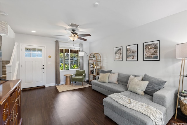 91-1322 Keoneula Blvd Unit 403, Ewa Beach, HI 96706 - living area with a ceiling fan, dark wood-style floors, stairway, and recessed lighting