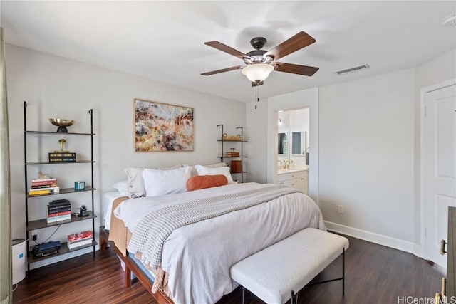 bedroom featuring baseboards, ensuite bath, a ceiling fan, dark wood-type flooring, and visible vents