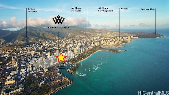 bird's eye view with a water and mountain view