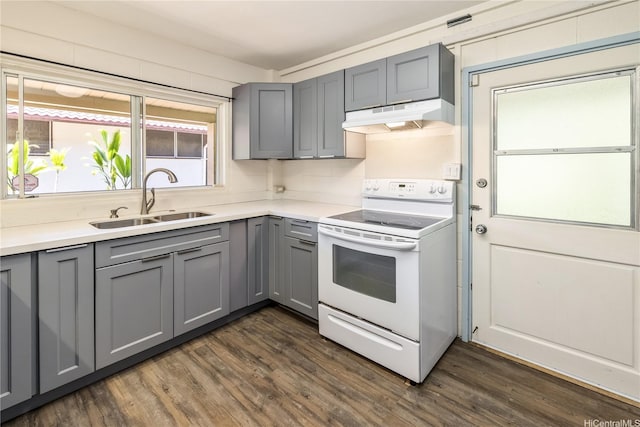 2063 Kilakila Dr, Honolulu, HI 96817 - kitchen featuring electric range, gray cabinetry, under cabinet range hood, a sink, and dark wood-type flooring
