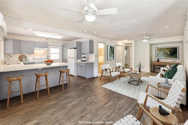 living room featuring dark wood-style flooring and a ceiling fan