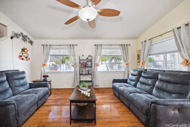 living room featuring ceiling fan, plenty of natural light, and wood finished floors