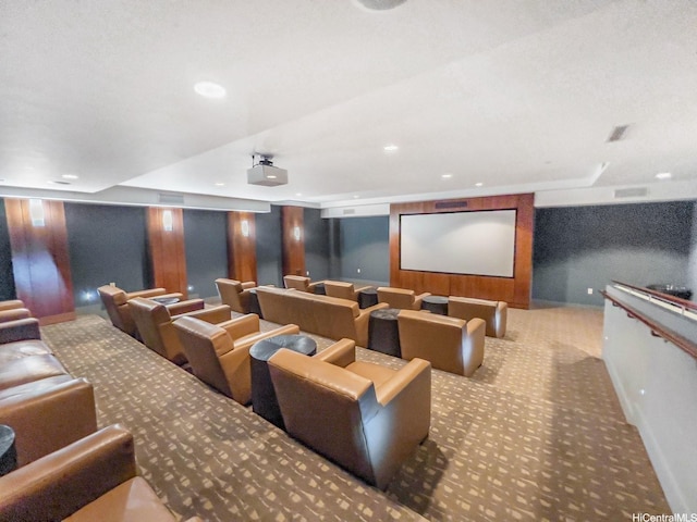 home theater with carpet, visible vents, recessed lighting, and baseboards