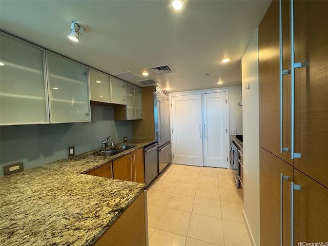 1177 Queen St Unit 3905, Honolulu, HI 96814 - kitchen with a sink, dishwasher, stone counters, light tile patterned floors, and recessed lighting
