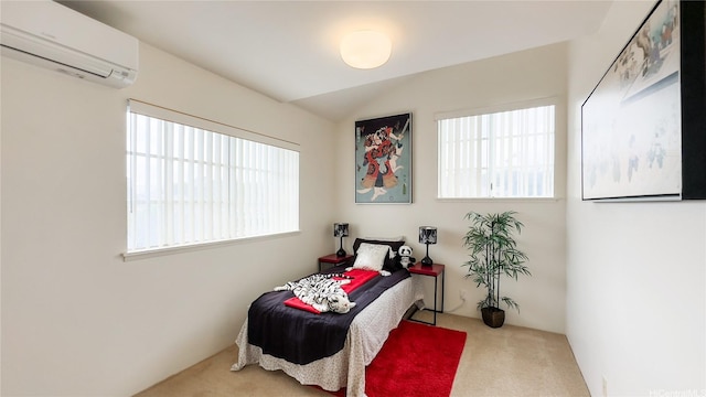carpeted bedroom with multiple windows and a wall unit AC