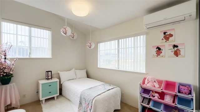 carpeted bedroom featuring a wall mounted air conditioner