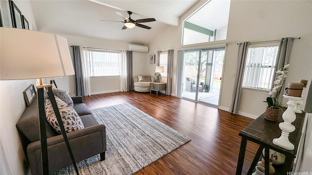 living area featuring an AC wall unit, a ceiling fan, beam ceiling, high vaulted ceiling, and wood finished floors