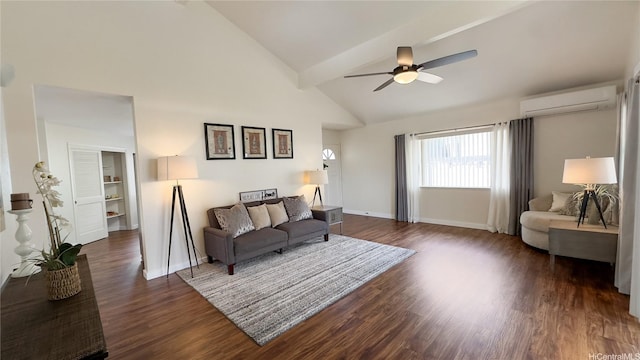 living room featuring dark wood-style floors, baseboards, a wall unit AC, and ceiling fan