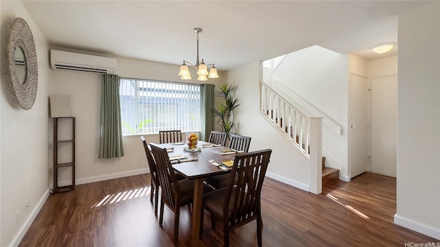 dining room with baseboards, an inviting chandelier, an AC wall unit, stairway, and dark wood-type flooring