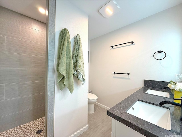 full bathroom with a sink, double vanity, toilet, and tiled shower