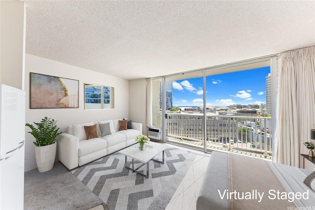 750 Amana St Unit 1111, Honolulu, HI 96814 - living room with carpet floors, a textured ceiling, and a wall of windows