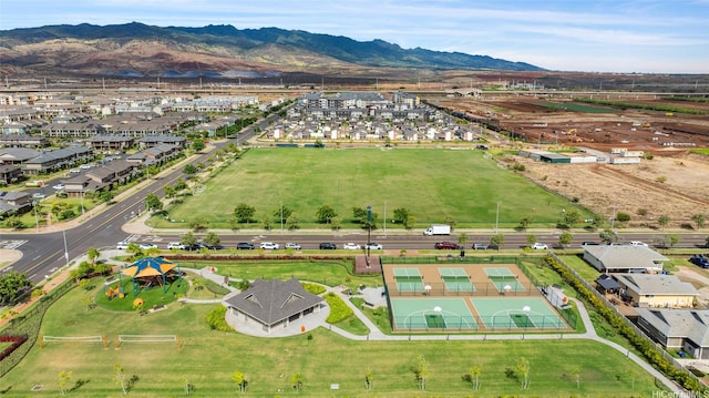 drone / aerial view featuring a mountain view and a residential view