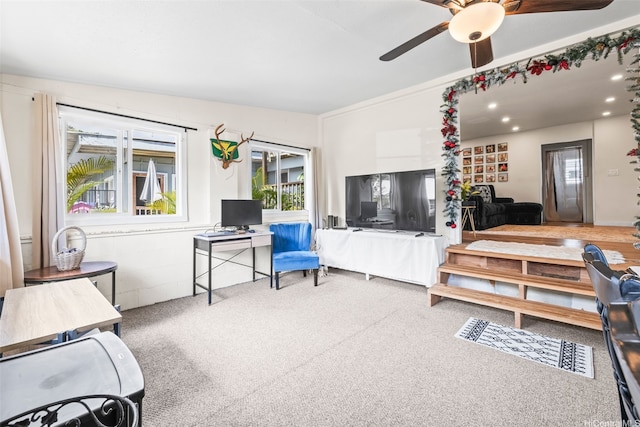 54-266 Kawaihemo Pl, Hauula, HI 96717 - carpeted living area featuring a ceiling fan