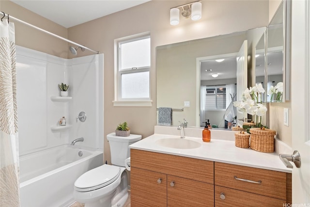 full bathroom with shower / bathtub combination with curtain, toilet, and vanity