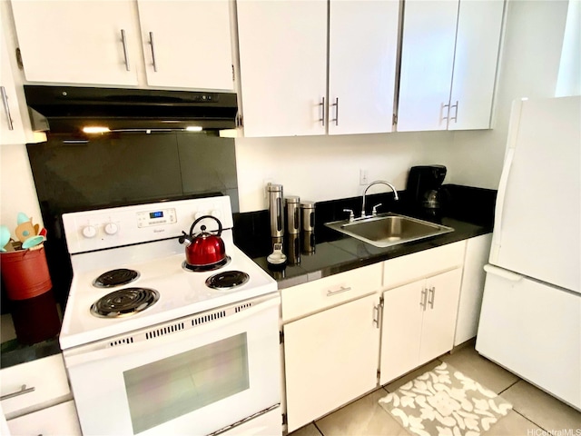 kitchen featuring a sink, dark countertops, white cabinetry, white appliances, and under cabinet range hood
