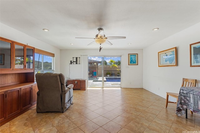 1315 Onioni St, Kailua, HI 96734 - living room with plenty of natural light, ceiling fan, recessed lighting, baseboards, and light tile patterned flooring