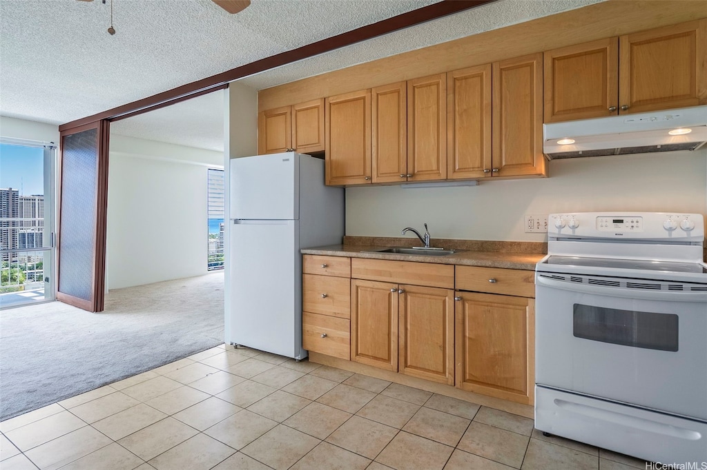kitchen with under cabinet range hood, a sink, white appliances, a textured ceiling, and light colored carpet