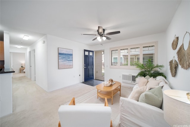 91-1039 Kamaaha Ave Unit 1505, Kapolei, HI 96707 - living room featuring light carpet, a ceiling fan, and a wall unit AC