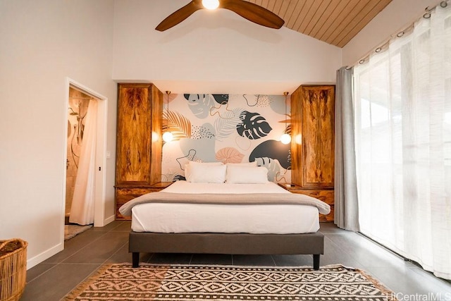 bedroom featuring wood ceiling, multiple windows, a ceiling fan, and tile patterned flooring