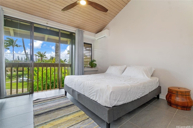 tiled bedroom with an AC wall unit, a ceiling fan, wood ceiling, and lofted ceiling