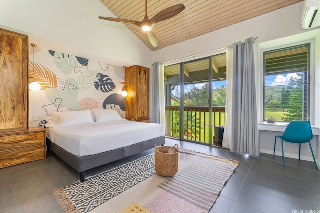 tiled bedroom with access to exterior, an AC wall unit, wood ceiling, a ceiling fan, and vaulted ceiling