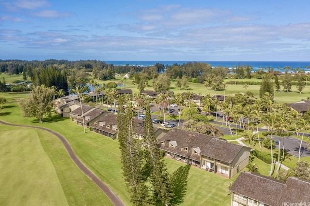 birds eye view of property featuring a water view and golf course view