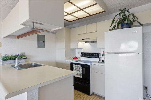 94-1016 Kaukahi Pl Unit J8, Waipahu, HI 96797 - kitchen with freestanding refrigerator, range with electric cooktop, a sink, under cabinet range hood, and electric panel